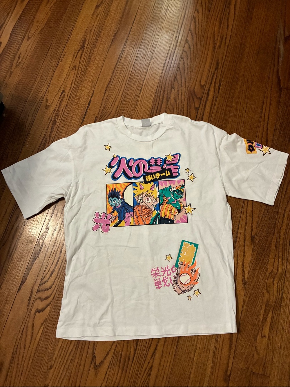 White Anime Graphic T-Shirt with Colorful Characters